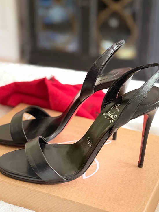 Christian Louboutin Shoes - Christian Louboutin Black Leather Open-Toe Slingback Heels with Red Sole